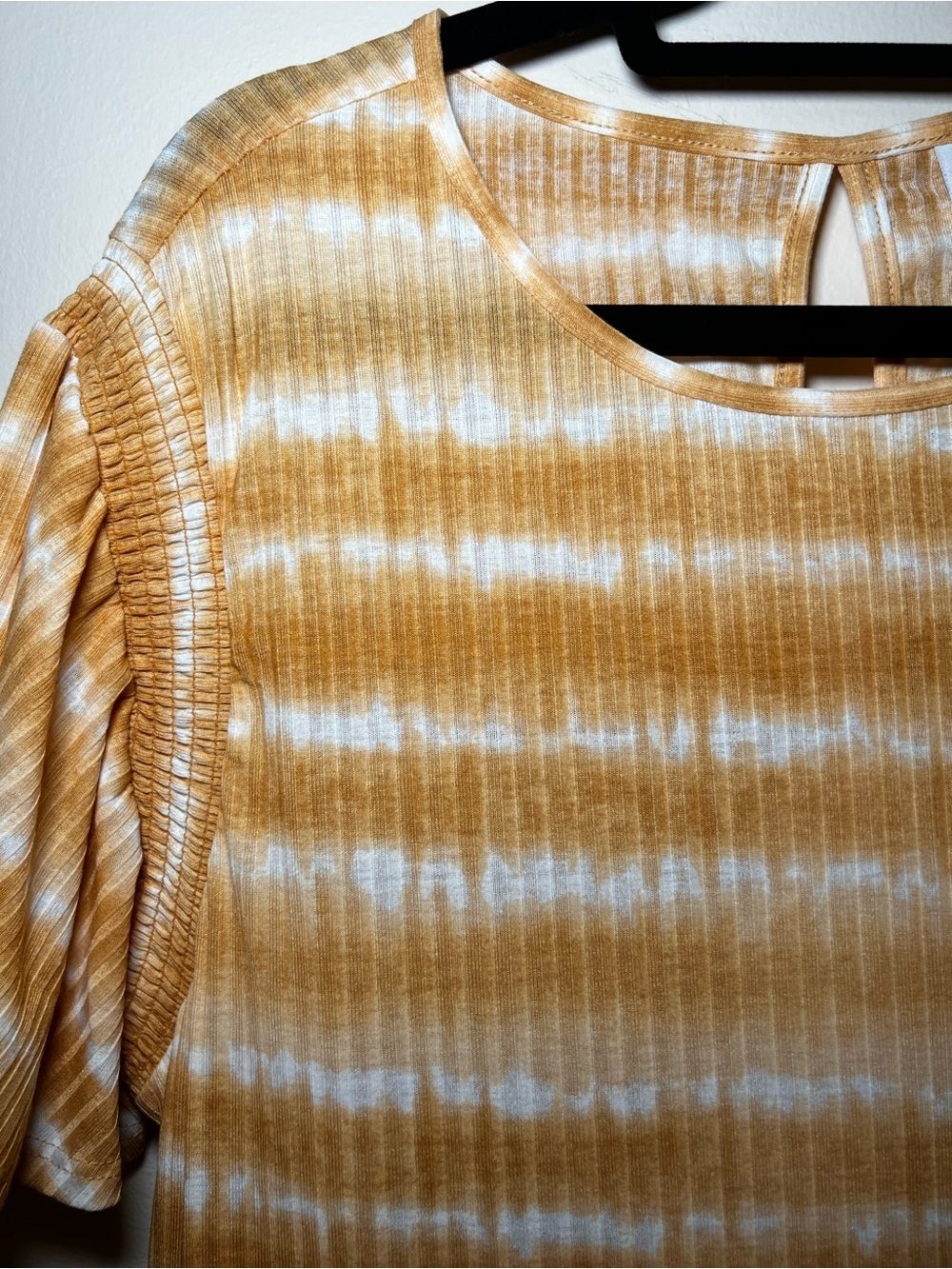 LuLaRoe Roselyn Smocked Flutter Sleeve Mustard and Cream Striped Midi Dress - Picture 2 of 5